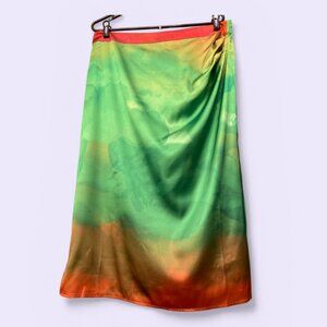 The Drop XXL Satin Slip Skirt XXL Midi Green Abstract Print Summer Boho Beach